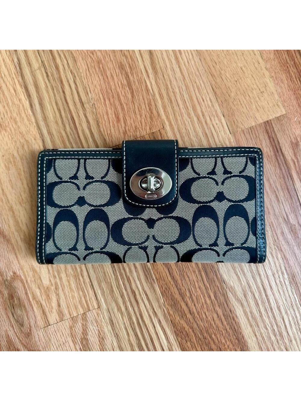 Vintage Y2K Coach Signature Turnlock Checkbook Wallet Black Gray Jacquard